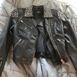 Studded faux black leather jacket from Topshop